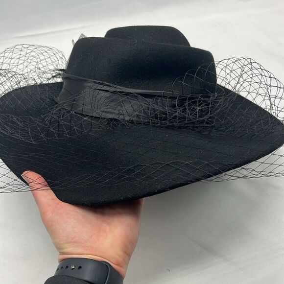 Black Wool Women's Formal Hat with Netting & Feathers - Picture 4 of 8